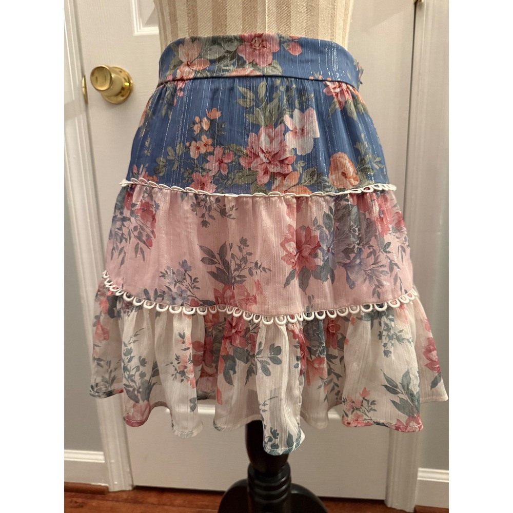 Altar'd State Floral Tiered Mini Skirt Blue Pink Metallic Small Cottagecore